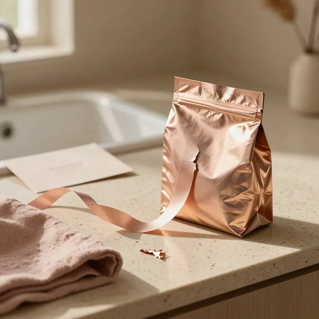 Rose foil pack with curled metallic foil and a folded cloth on a travertine counter.