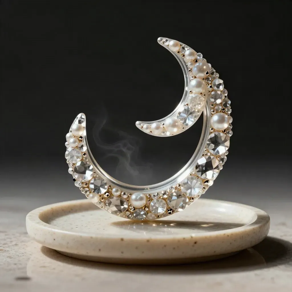 Open crystal wheel with clear gems lifting above a dark tray on travertine