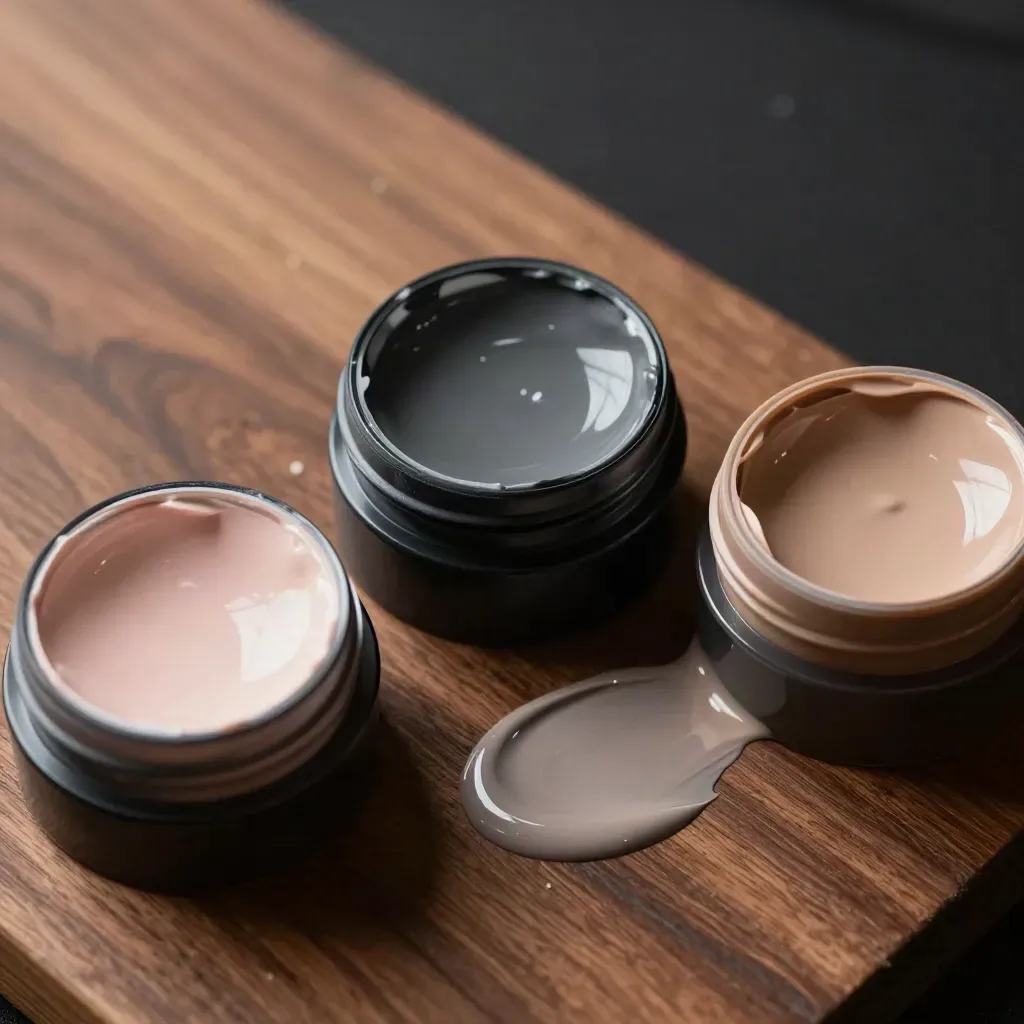 Macro of three open gel paint pots with glossy domes and a neutral smear on a dark walnut surface.