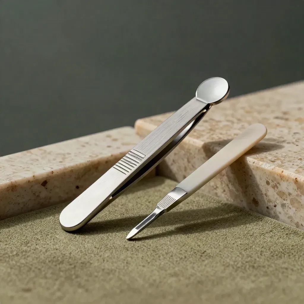 Open manicure mini tool kit with tweezers, pusher and file on suede with soft brass light.