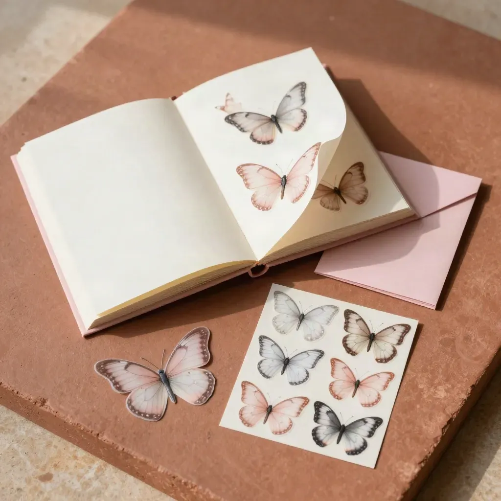 Overhead flatlay of butterfly sticker sheets in a half-open cream book on terracotta clay.