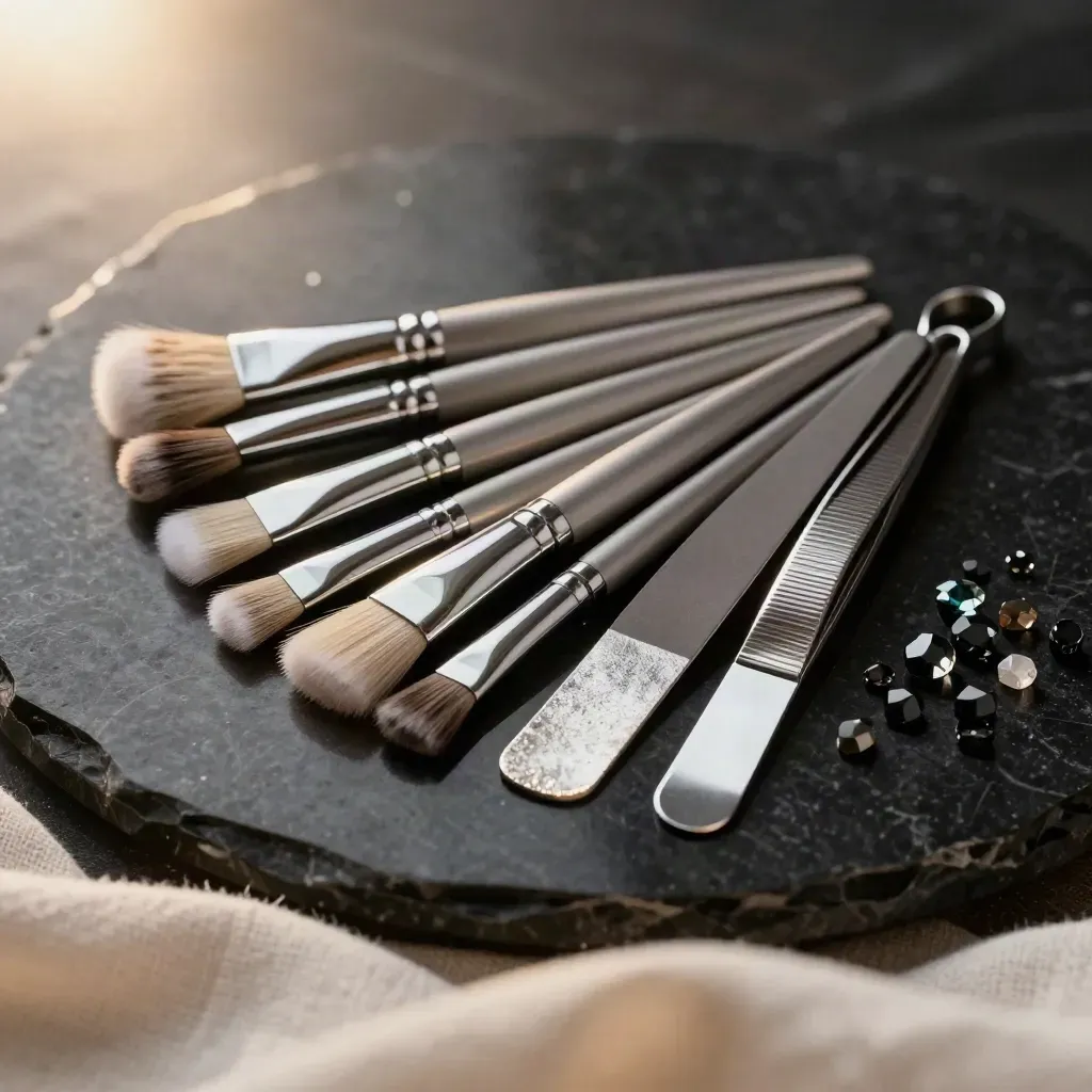 Diagonal fan of nail tools and accent stones on glossy black stone