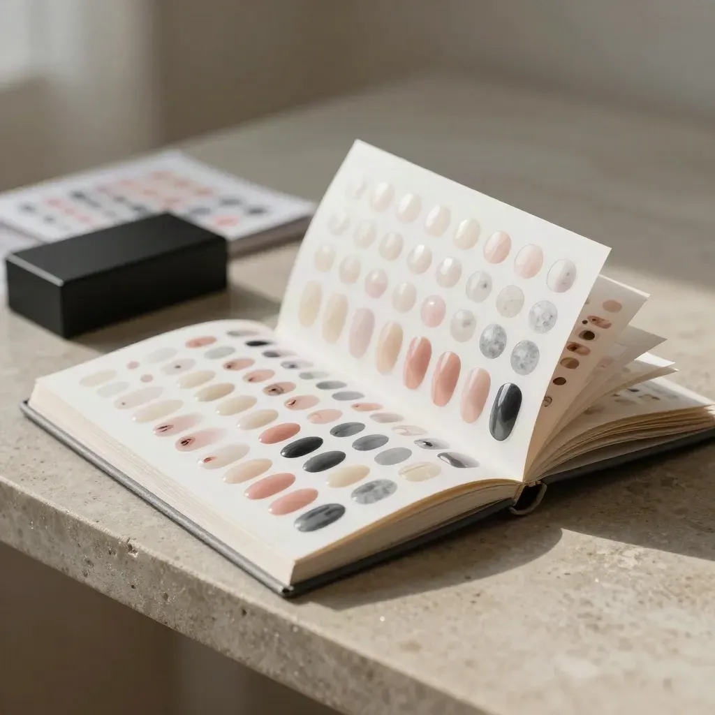 Open nail sticker book on a stone bench with lifted decal sheets and soft blurred background.