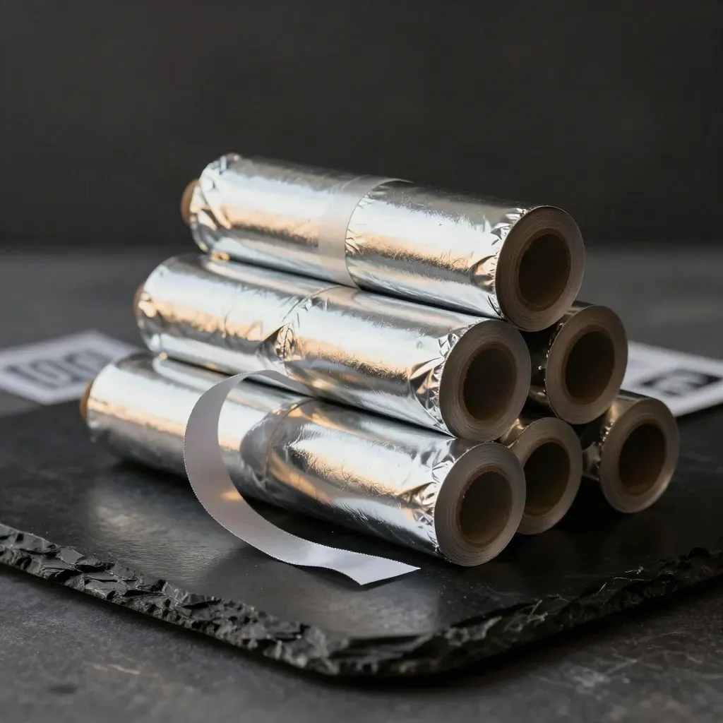 Eight chrome nail foil rolls with one curling ribbon on a matte-black studio surface.