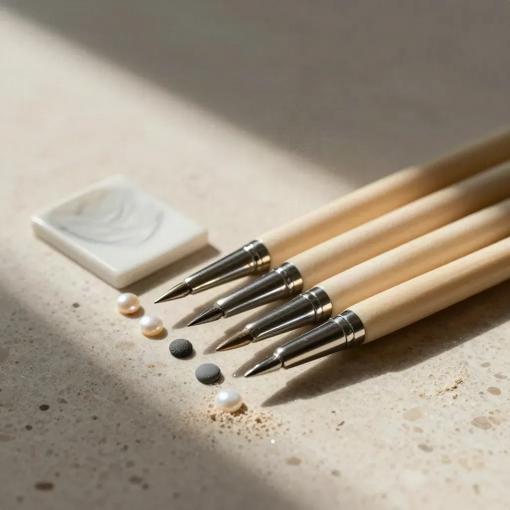 Five dotting tools, tiny paint dots and a ceramic mixing tile in a tight macro product shot.