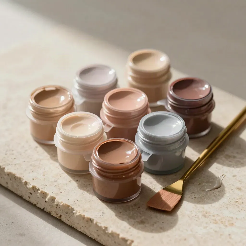 Six open gel paint pots and a gold spatula on a limestone slab, overhead flatlay.