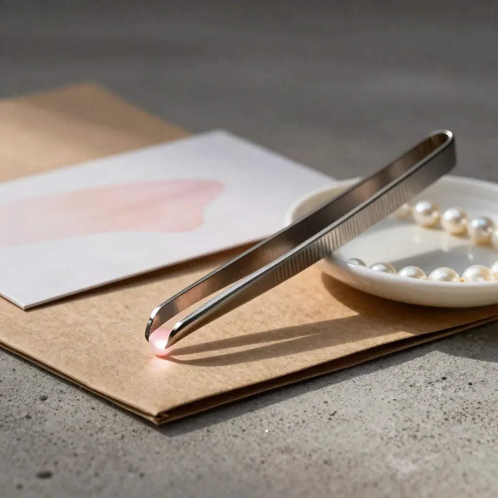 Macro of curved stainless nail tweezers on kraft sleeve and pearl tray with a pink highlight.