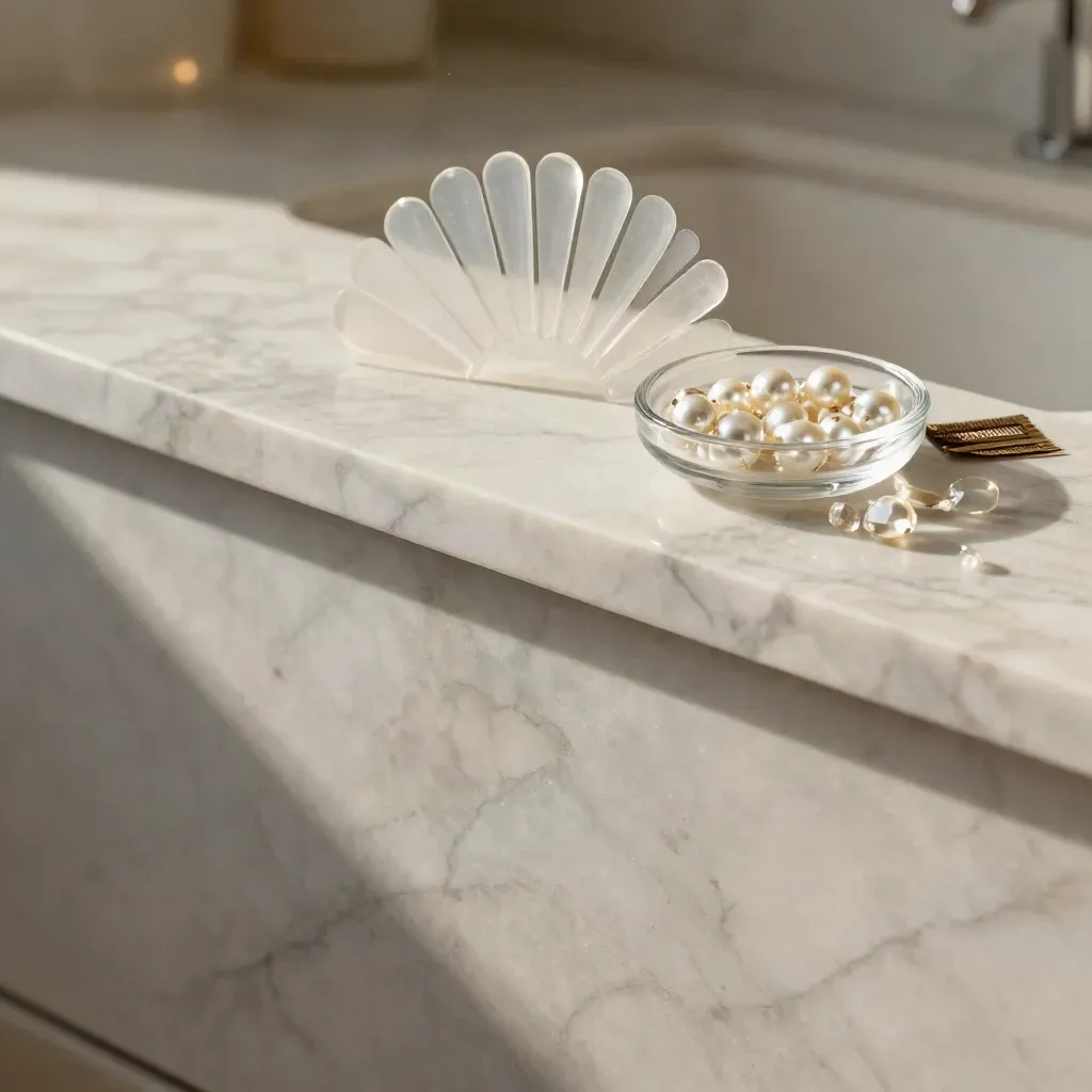 Marble ledge with nail stickers and gem dish in soft daylight, copy space below