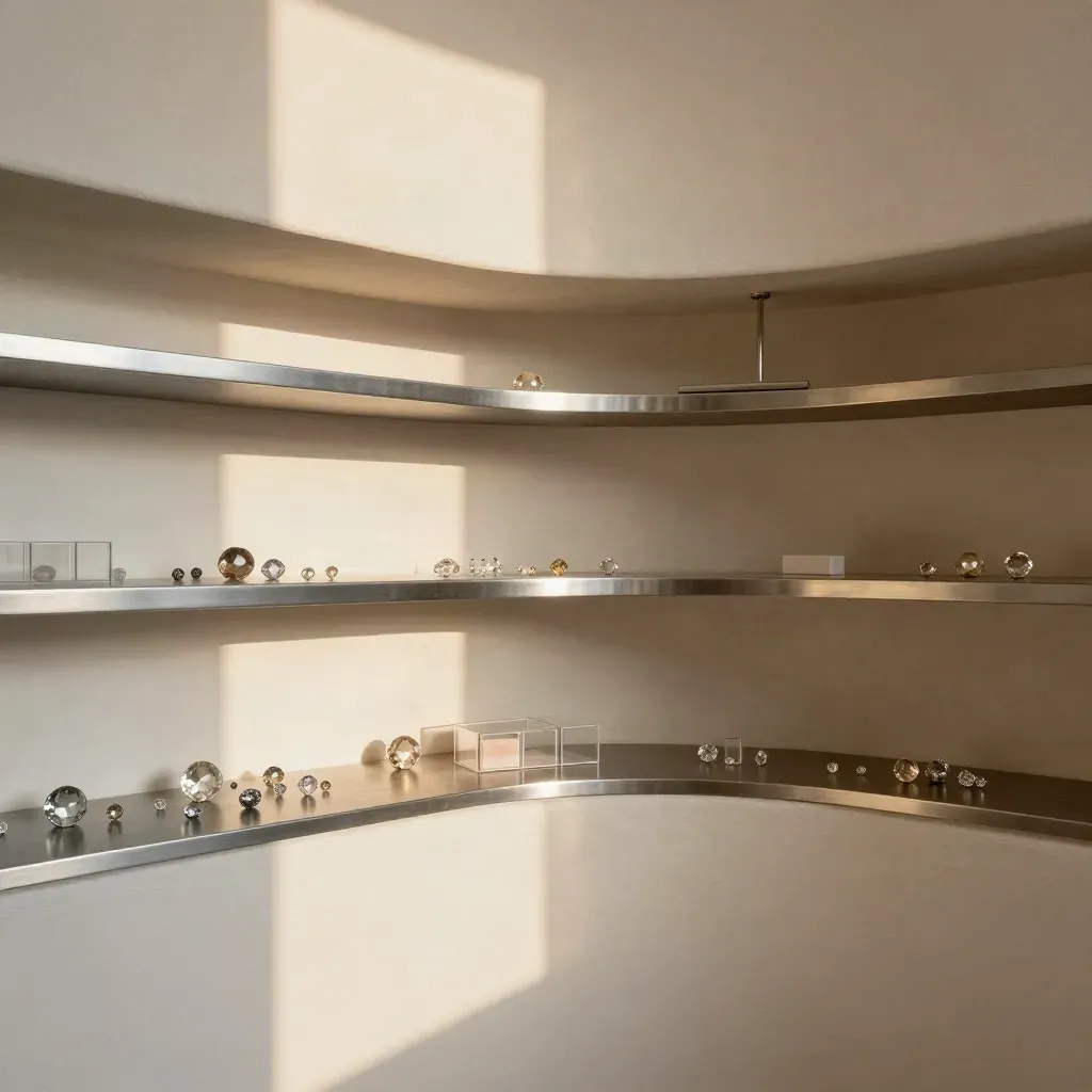 Curved plaster salon alcove with chrome shelves and rhinestones in soft late-afternoon light.