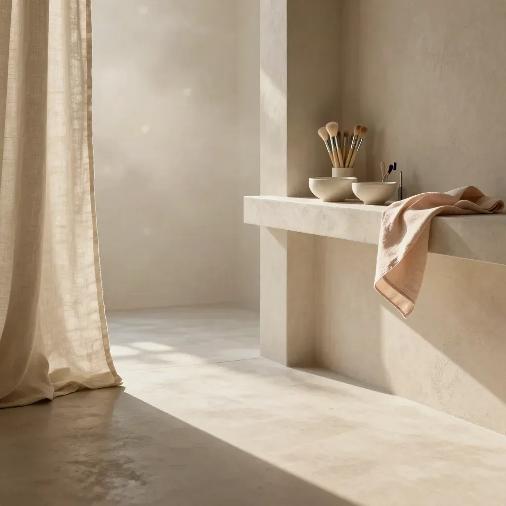 Cream atelier with brushes, ceramic bowls, and a linen curtain in soft morning light