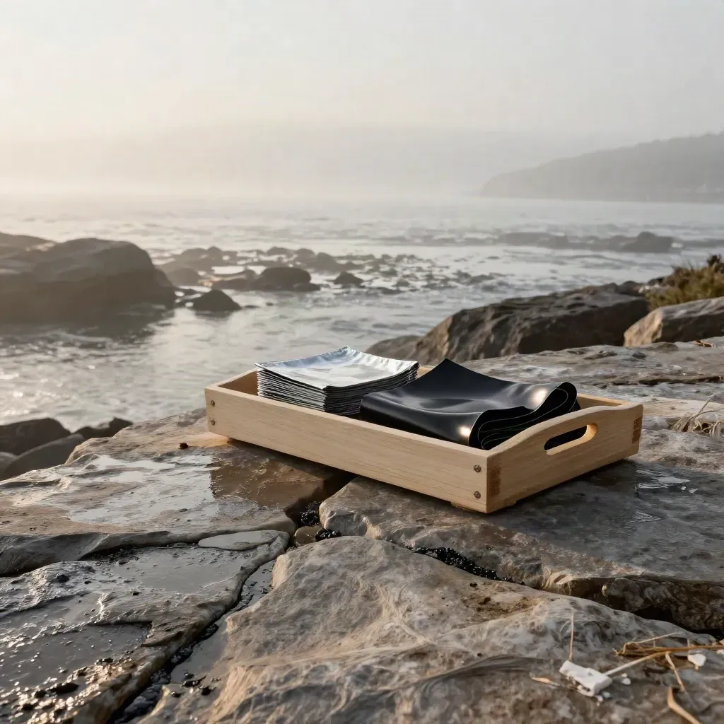 Misty coastal terrace with nail foils and stamping plates on a pale wood tray at sunrise