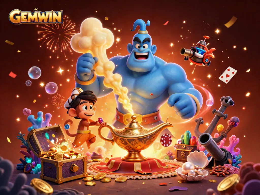 Experience GEMWIN magic with a 3D genie, poker chips, and underwater treasures in a vibrant casino scene.