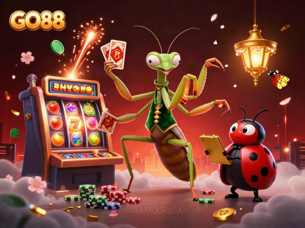 Experience the thrill of GO88 with a vibrant casino scene featuring colorful slot machines, dynamic characters, and festive elements.