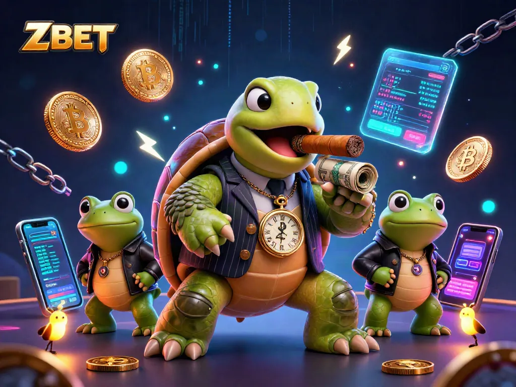 ZBET thrives in the casino world with a cartoon turtle mobster, showcasing crypto flair and vibrant game energy.