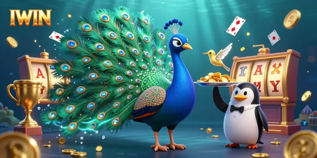IWIN casino presents a vibrant scene with a peacock, penguin, and hummingbird amidst dynamic slot reels and gold coins.