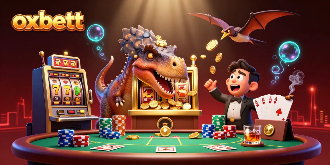 Experience the thrill of winning with oxbett as a cartoon dinosaur heads a golden slot machine amidst flying coins.