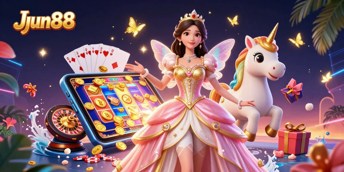 Experience thrilling gameplay at JJun88 with vibrant slots and enchanting characters amidst a casino fantasy.