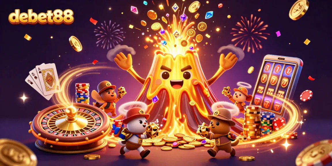 Join the action with debet88 as a golden volcano erupts treasures in a dynamic casino scene!