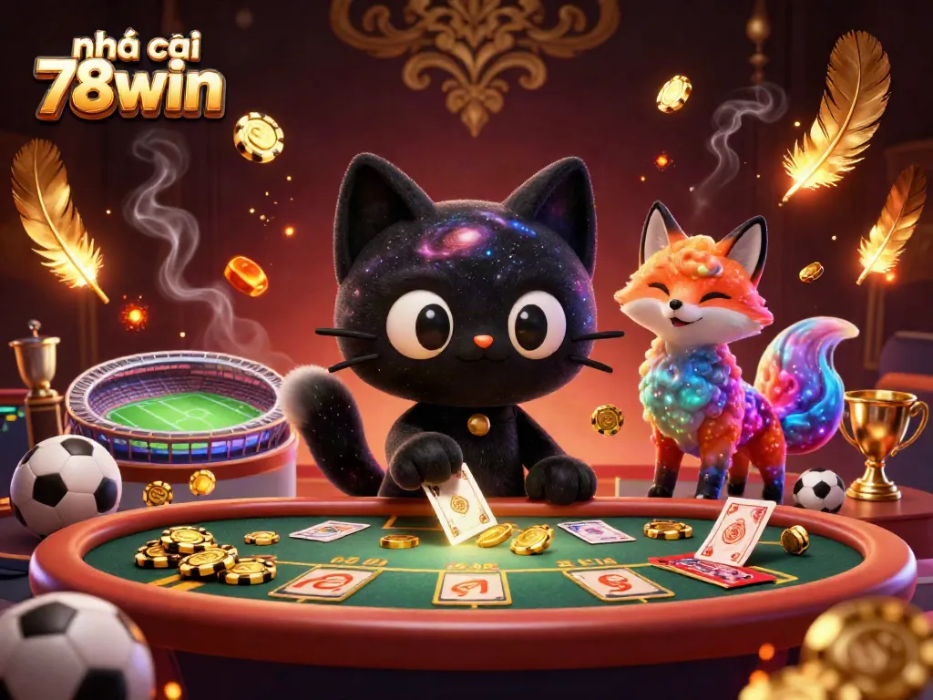 Experience dynamic gaming action at nhà cái 78win with golden chips, football elements, and vibrant casino visuals.