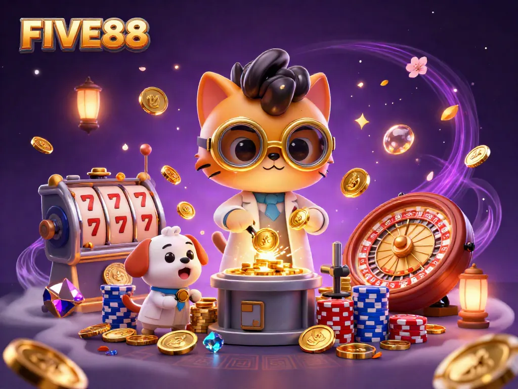 Spin and win at FIVE88 with a mad scientist cat and a dog creating gold coins in a fantastical casino scene.