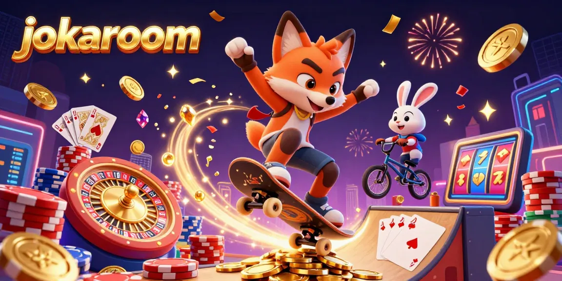 Experience exciting gameplay with jokaroom in a lively scene of a skateboarder fox and BMX rabbit performing tricks amid cascading coins and casino symbols.