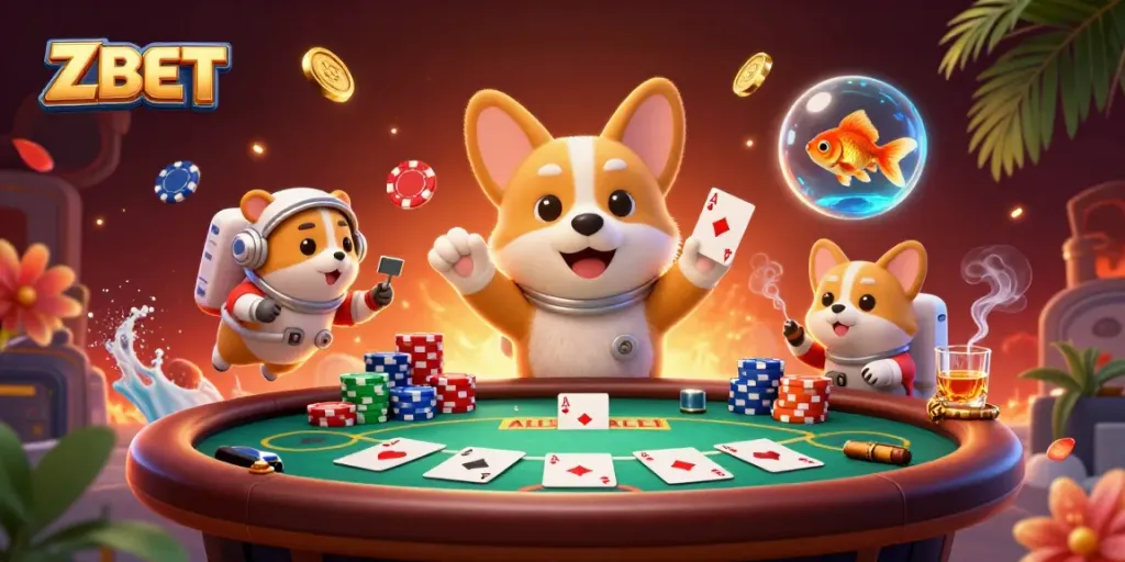 ZBET casino adventure with an astronaut corgi and friends floating among poker chips.