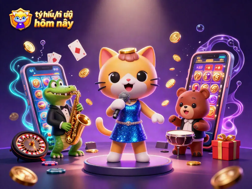 Tỷ lệ kèo nhà cái hôm nay showcased in a vibrant 3D casino illustration featuring a jazz-singer cat, crocodile, and bear, engaging in various games.