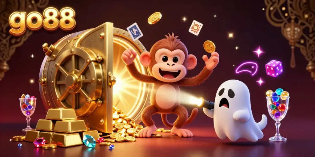 Engage with go88's vibrant casino world where a ghost-hunter puppy and a mischievous monkey uncover treasures.