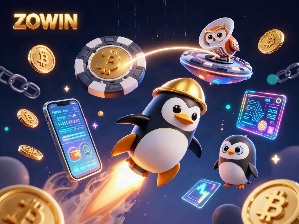 ZOWIN showcases exciting casino experiences with golden penguins and poker chip themes.