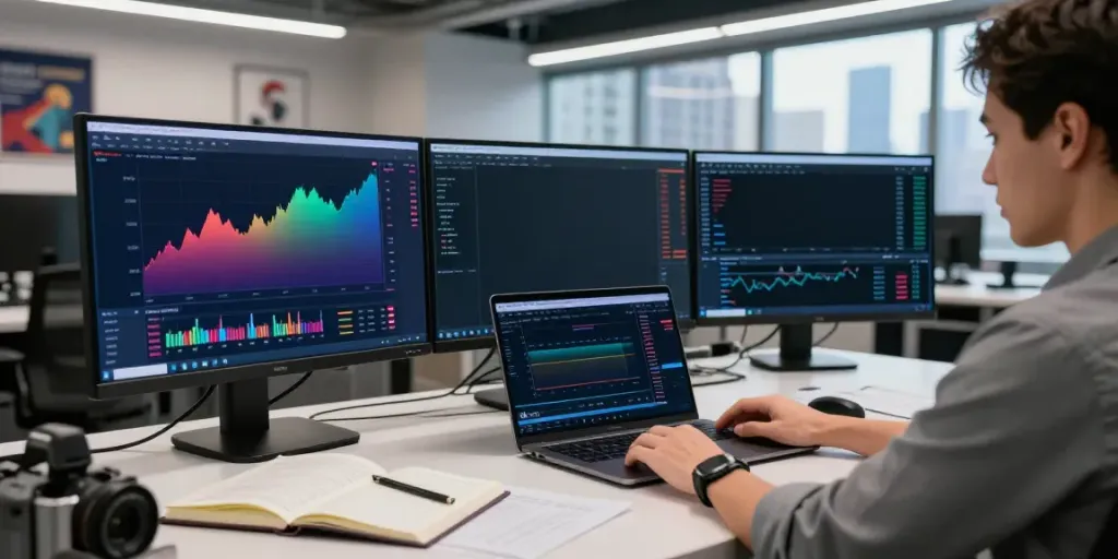 Trader engaged with quantum ai cryptocurrency charts on dual monitors.