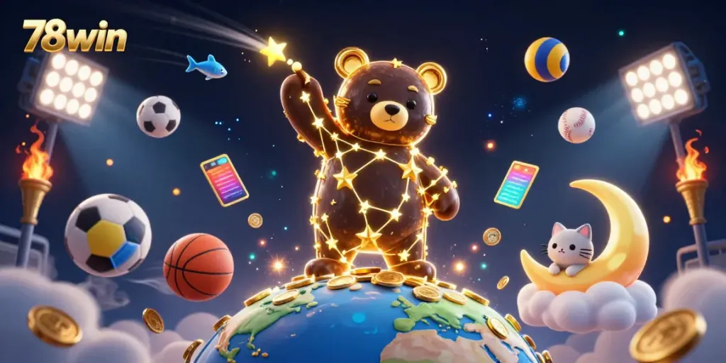 Join the excitement at 78win with a dynamic casino illustration featuring vibrant sports elements and golden rewards!