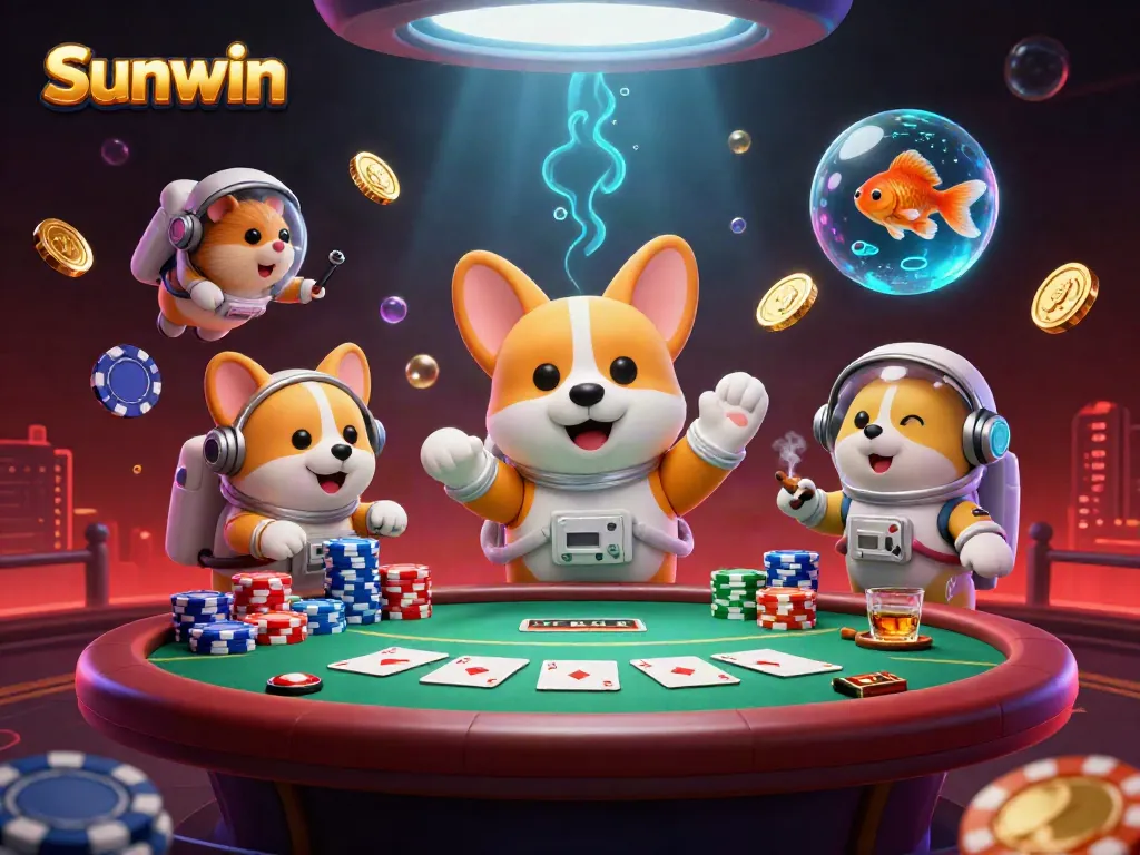 Engage in thrilling gameplay at Sunwin with a floating corgi and animated casino elements in a dynamic scene.