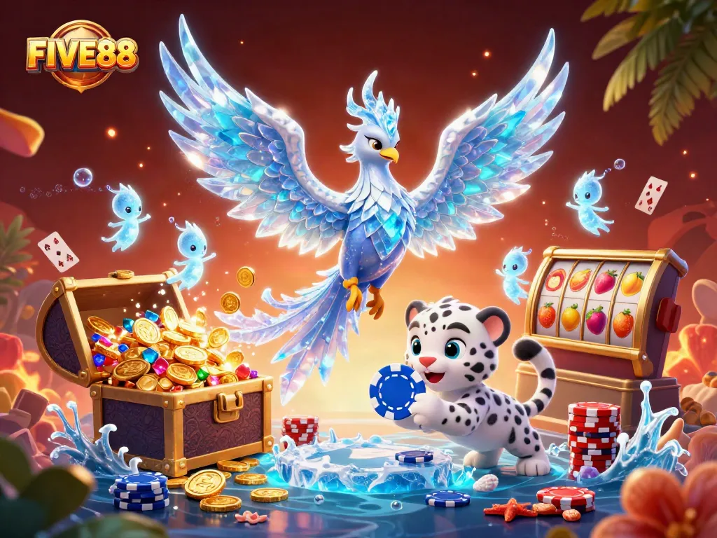 Experience the thrill with FIVE88’s vibrant casino visuals featuring unique characters and rich casino elements.