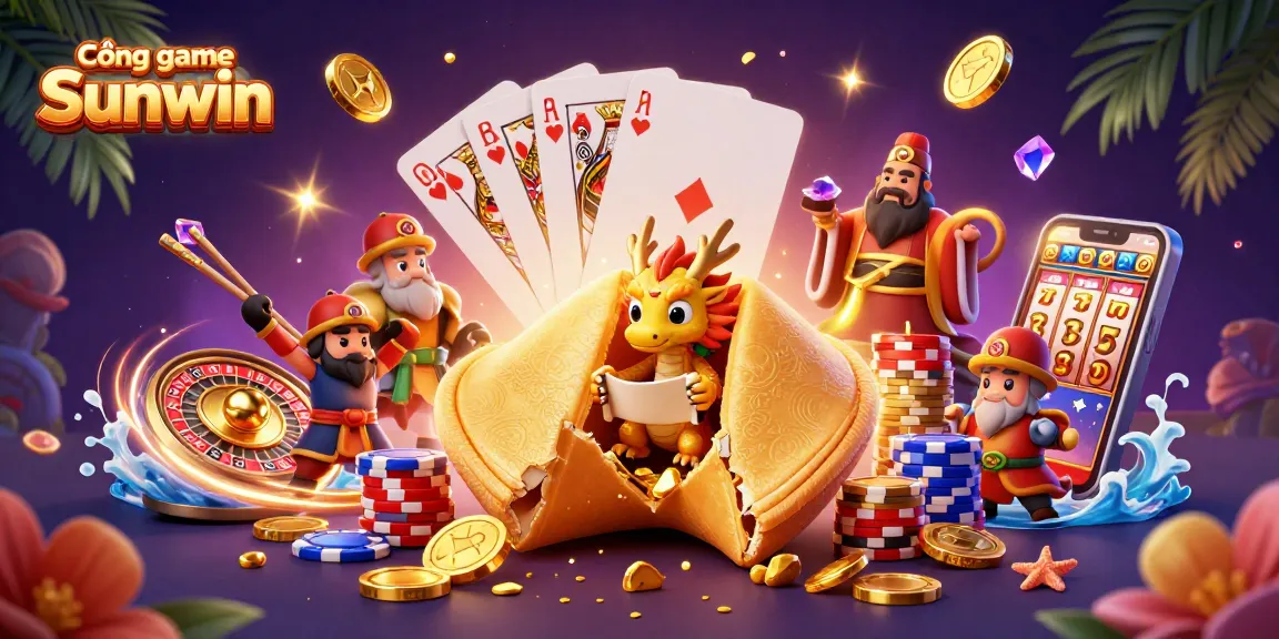 Engage with Cổng game Sunwin, where a magical scene unfolds featuring dynamic casino elements and vibrant characters.
