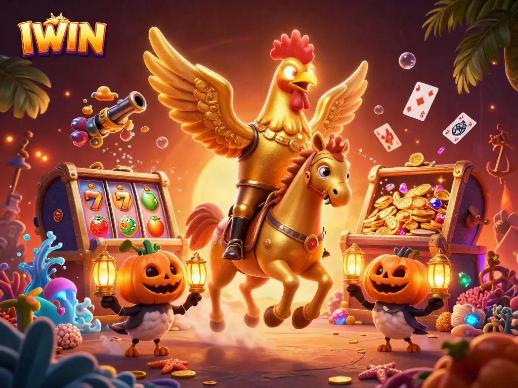 IWIN celebrates with a golden rooster and spectral horse in an exciting casino scene.