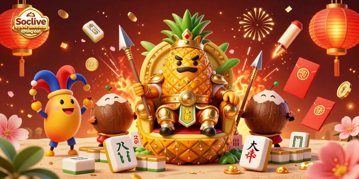 Socolive trực tiếp bóng đá features a vibrant 3D cartoon king on a fruit throne with dynamic casino elements surrounding him.