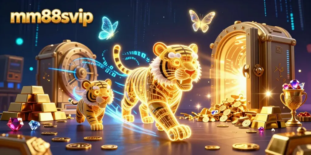 Experience thrilling moments at mm88svip with vibrant 3D casino art showcasing a golden tiger and treasures.