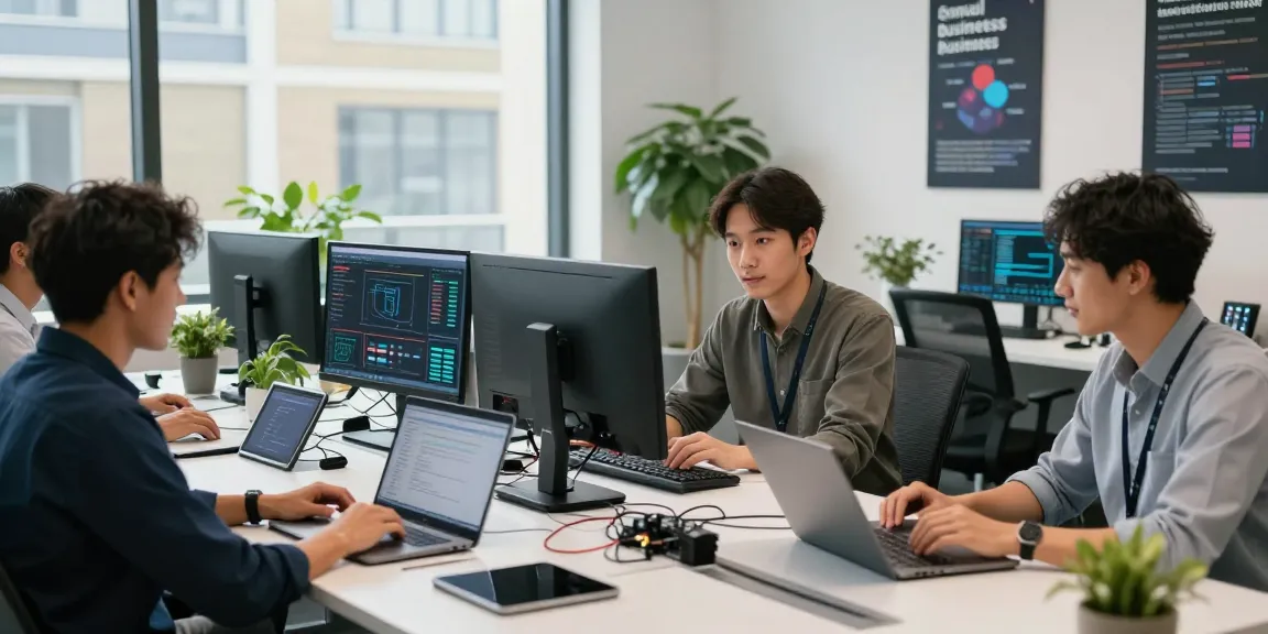 IT support for small business London team collaborating over devices, showcasing dynamic workspace.