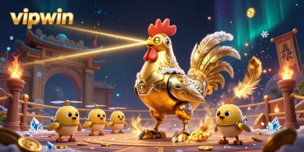 Engage in thrilling gameplay with vipwin's golden rooster robot and baby chick drones in a dynamic casino setting.