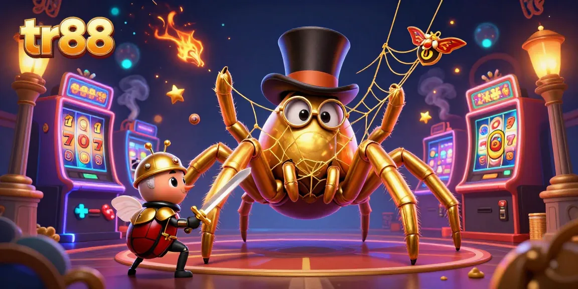tr88 showcases a giant golden tarantula weaving a web of gold in a vibrant casino setting.