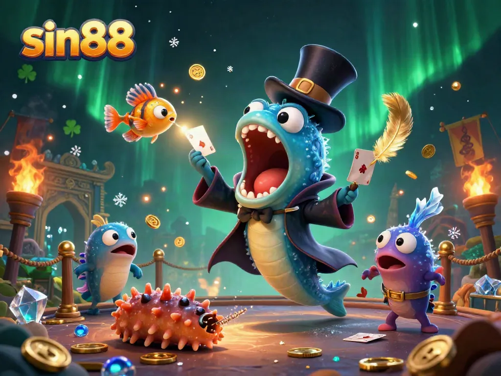 Experience thrilling moments at sin88 with a deep-sea eel magician dazzling with card tricks in a vibrant underwater casino.