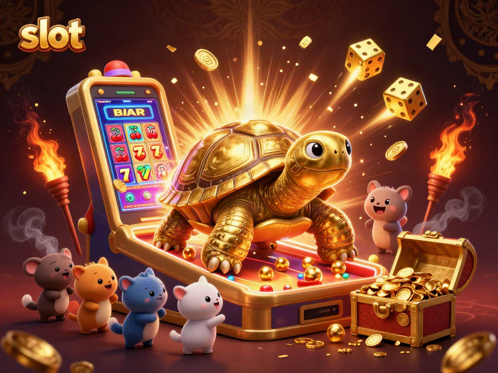 Engage in thrilling slot action with a colossal tortoise and exciting casino elements bursting in joy.