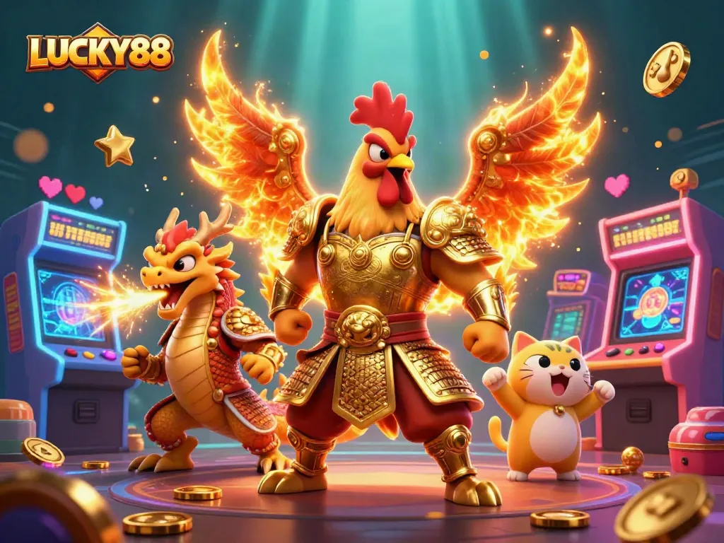 Experience the thrill of LUCKY88 with vibrant 3D warriors and casino elements in an action-packed scene.