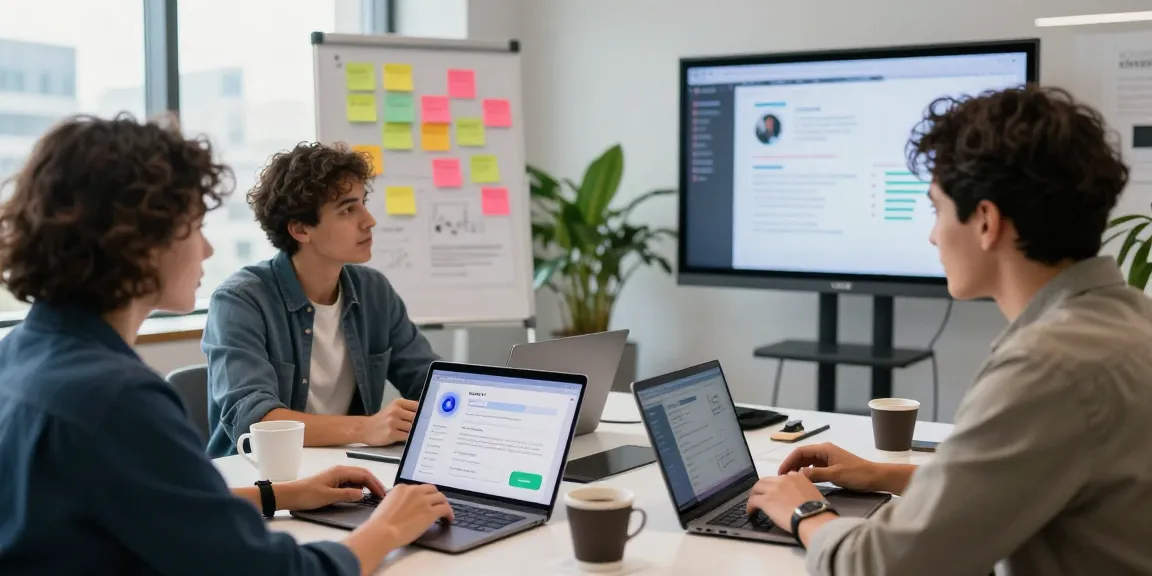 Engaging team discussion about features of Crush AI in a modern office setting.