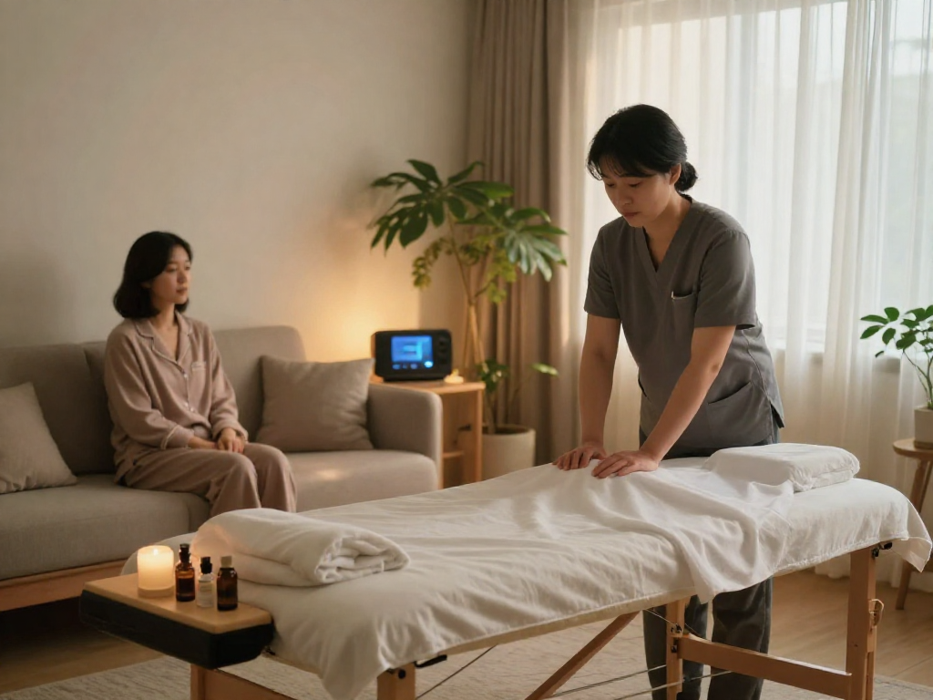 Experience a soothing 김포출장안마 in a serene home setting with a professional therapist preparing for a calming massage session.
