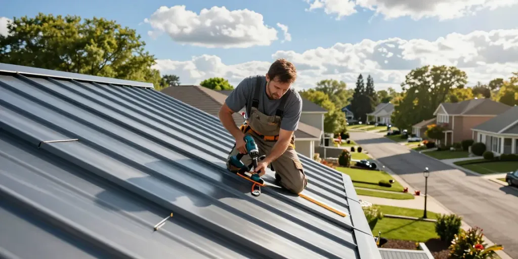 Metal roofing installation by mroof.ca in a sunny suburban neighborhood.