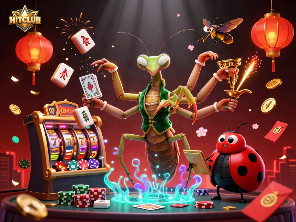 Experience HITCLUB's vibrant casino world with a card sharp mantis and vibrant game elements.