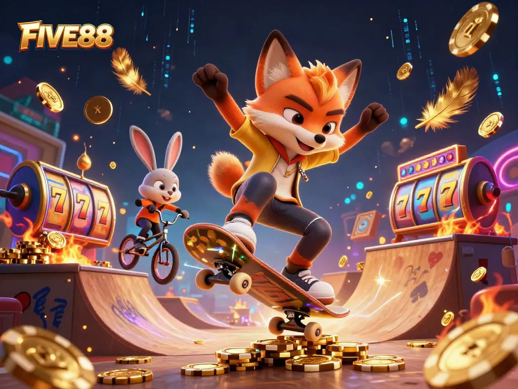 Join the excitement at FIVE88 with animated casino-themed characters in a vibrant 3D scene!