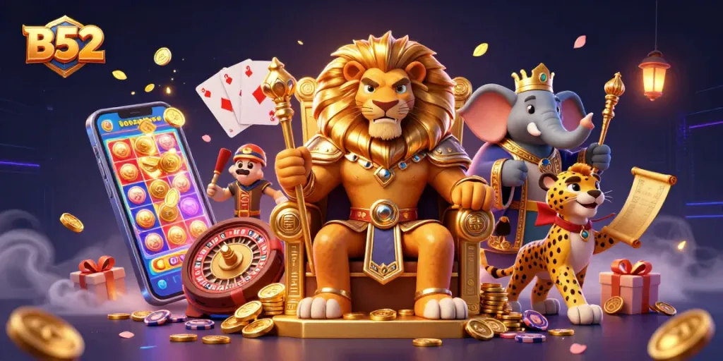 B52 jackpot king and advisors celebrate winning spins amidst vibrant slot games and coins.