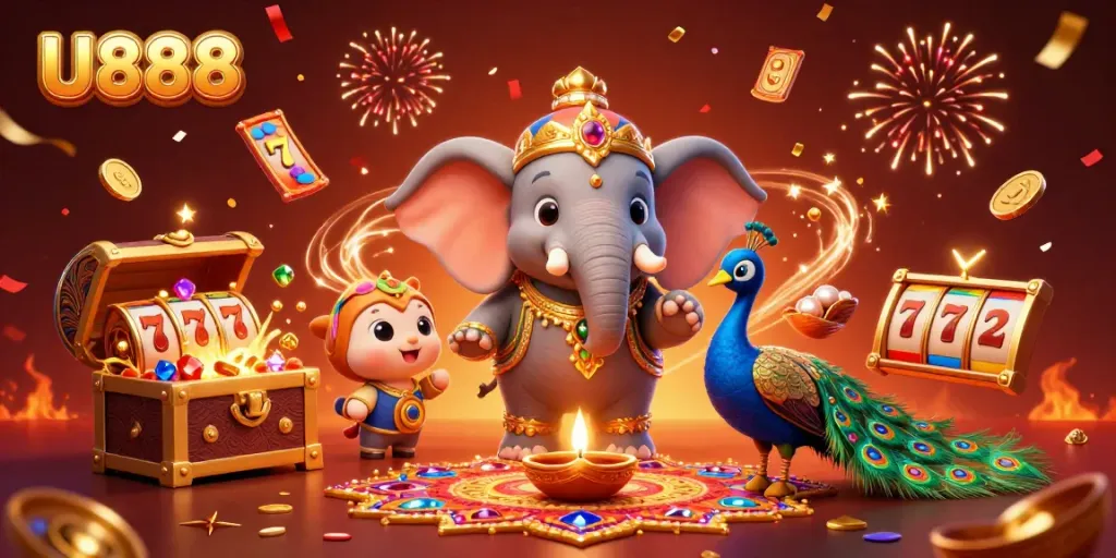 Experience the excitement of U888 with this vibrant 3D illustration featuring a festive elephant amidst a treasure-filled casino atmosphere.